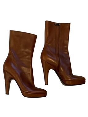 Prada Cognac Brown Italian Vero Cuoio Leather High Heeled Boots Size 36